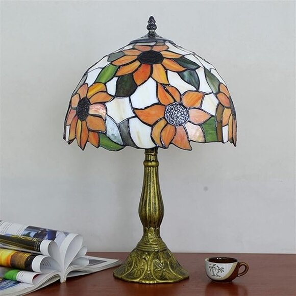 Tiffany Style Lamp Handmade Stained Glass Sunflower Yellow Bedroom 19" High - Picture 3 of 5